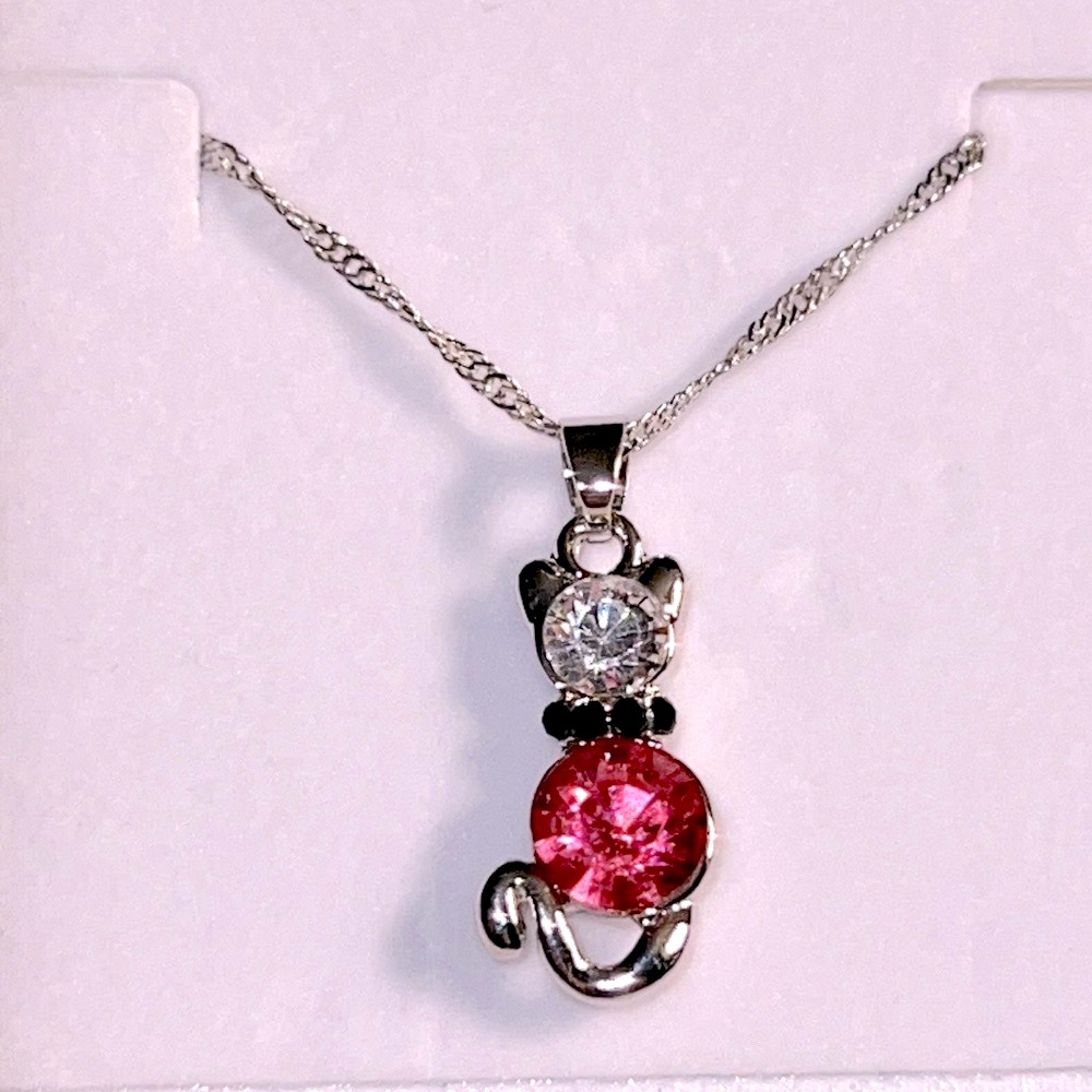 NEW! 🐈💗🐈‍⬛ 16-18” PINK BLACK WHITE CRYSTAL EMBELLISHED SILVER KITTY CAT NECKLACE